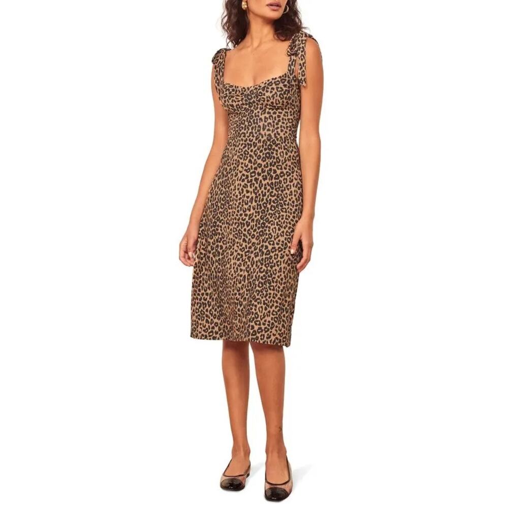 Reformation Jeans Leopard Print Wells Tie Shoulder Stretch Midi Dress XL
